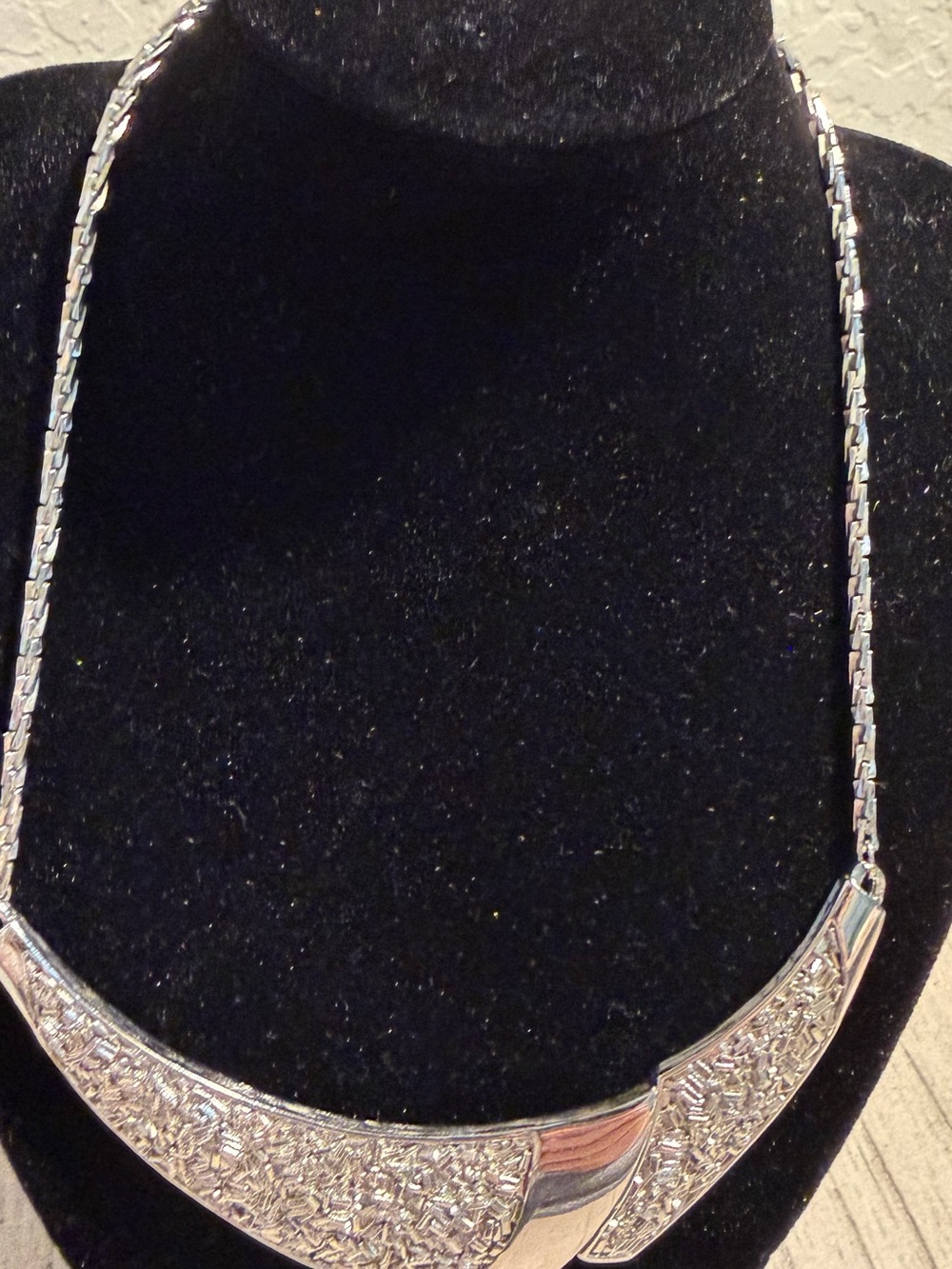 Trifari Silver-Tone Textured Crescent Necklace